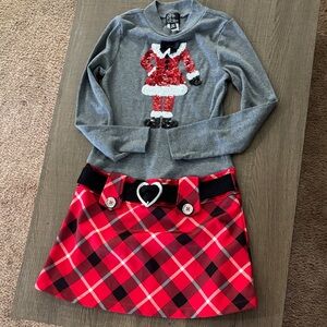 Pink Violet Girls' Gray Santa Sequin Top & Red Plaid Skirt Set